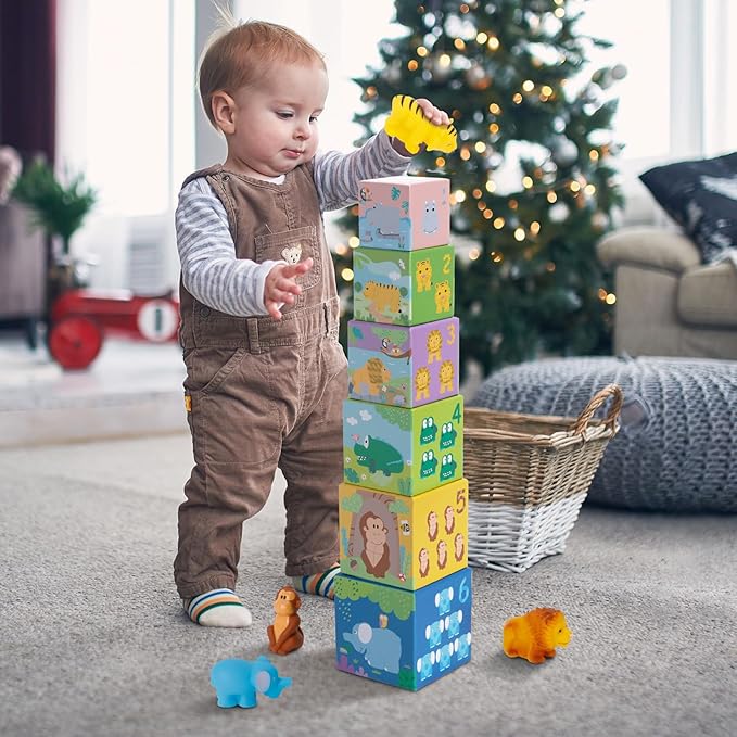 Sorting and Stacking Toys Blocks for Toddlers 1-3, Soft Safari Animal Bath Toys Age 2-4, Numbers Nesting Stackable Toys for Baby 12-18 Months, Montessori Toys Gifts for 1 2 3 Year Old Boys Girls