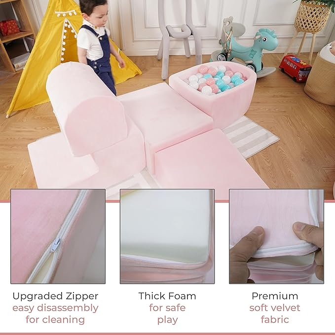 Foam Climbing Blocks for Toddlers & Babies – 5-Piece Soft Playset with High-Density Memory Foam & Velvet Cover – Indoor Climb and Crawl Activity Play Set for Motor Skills Imaginative Active Fun - Pink