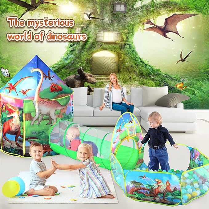 3pc Dinosaur Play Tent for Boys with Ball Pit, Crawl Tunnel, Play Tents for Toddlers, Baby Space World Playhouse Toys, Boys Indoor& Outdoor Play House, Perfect Kid’s Gifts
