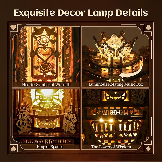 LED 3D Wood Puzzle Poker World Projector Lamp – DIY Craft Kit with LED Lights and Music Box – Creative Poker-Themed Lamp, Nightlight Gift for Home Décor (Black Walnut)