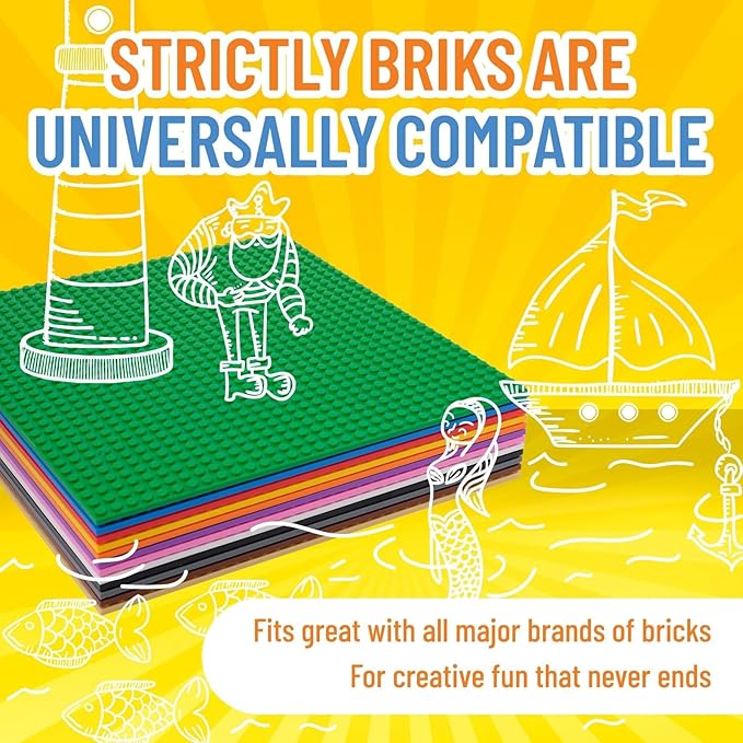 Strictly Briks Stackable Baseplates for Building Bricks - Compatible with Lego and All Major Brands - 10 x 10 in, Blue, 12 Pack