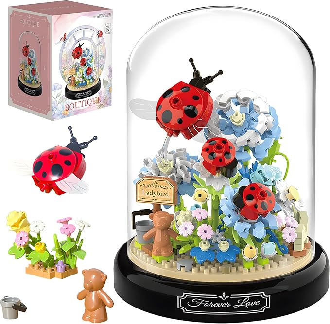 HI-REEKE Flower Ladybug Bouquet Building Block Set, Micro Mini Botanical Building Toy for Women-596 PCS