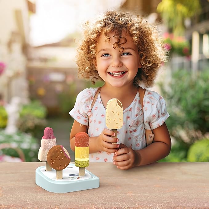 Speedy Monkey Wooden Ice Cream Bar Stand with 4 Treats – FSC Certified Popsicle & Gelato Pretend Play Dessert Counter for Kids, Sweet Food Role Play Toy for Toddlers, Boys & Girls, Ice Cream Cart Set