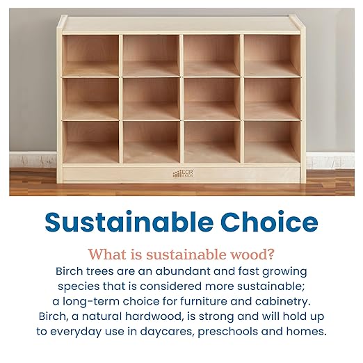 ECR4Kids 12 Cubby Mobile Tray Cabinet with 15 Scoop Front Storage Bins, 3x4, Natural, Classroom Furniture, Assorted