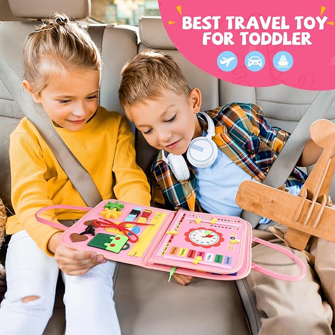 Toddler Busy Board, Montessori Sensory Toys for Boys, 1-4 Year Old Girl Toddler Travel Toys, Educational Learning Activities Board for Motor Skills, Birthday Gifts for Airplane Car, Pink