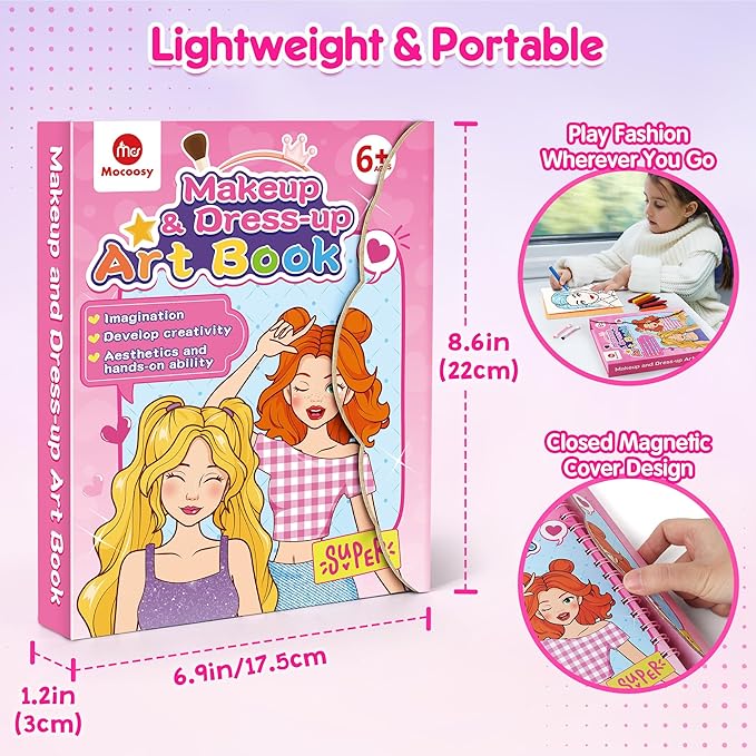 Mocoosy Makeup Craft Kit for Girls Ages 6-8, Pretend Makeup Coloring Activity Book with Stickers, Mess-Free Dress-Up Art and Crafts, Travel Game Road Trip Toy Birthday Gift for 4 7 9 10 12 Years Old