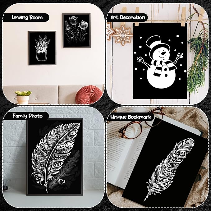 Noveread 67 Pcs Scratch Paper Art Set Scratchboard Craft Kits Black Coated Scratch Paper Wood Art Stylus and Stencils for DIY Birthday Party Gift Supplies (7.2 x 5 Inch)