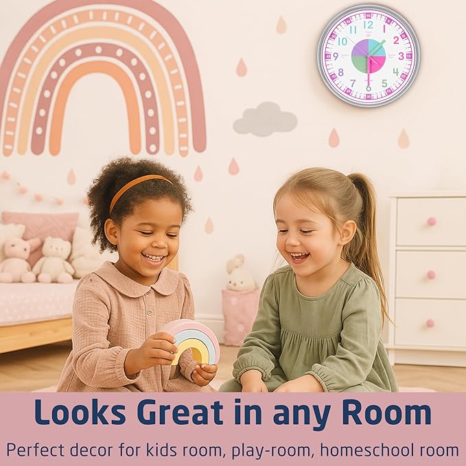 OWLCONIC Telling Time Teaching Clock for Kids - Analog for Bedrooms, Playroom, Homeschool Decor, School Classroom Learning, Educational for Learning to Tell Time