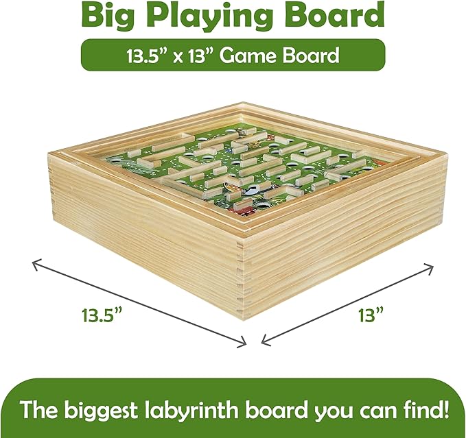 STERLING Wooden Labyrinth Marble Maze Game, Large 12.75" x 11.5" Tilt Maze Game Board with 60 Waypoints and Marble Balls Included, for Kids and Adults 6 Years and Up, Natural Jungle