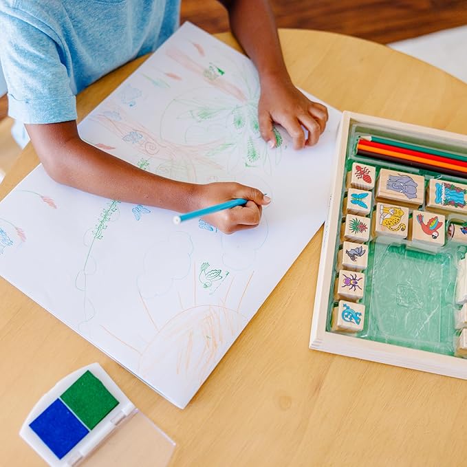 Melissa & Doug Stamp-a-Scene Stamp Set: Rain Forest - 20 Wooden Stamps, 5 Colored Pencils, and 2-Color Stamp Pad