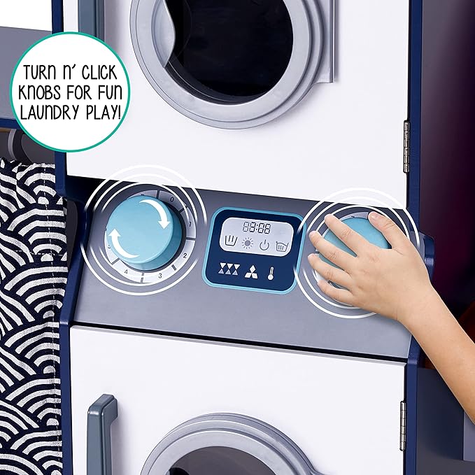 Lil' Jumbl Kids Washer and Dryer Playset, Wooden Children's Pretend Laundry Set, Includes Broom, Dustpan, Iron, Hangers & Basket, Realistic Laundry Room for Kids