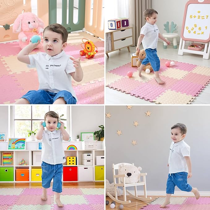 16 Tiles Foam Play Mat for Baby, Soft & Safe EVA Foam Mats for Floor, Square Baby Play Mat, Solid Colored Kids Foam Puzzle Floor Mat, 47x47 Play Mat for Playpen(Beige/Pink/Loli Pink)
