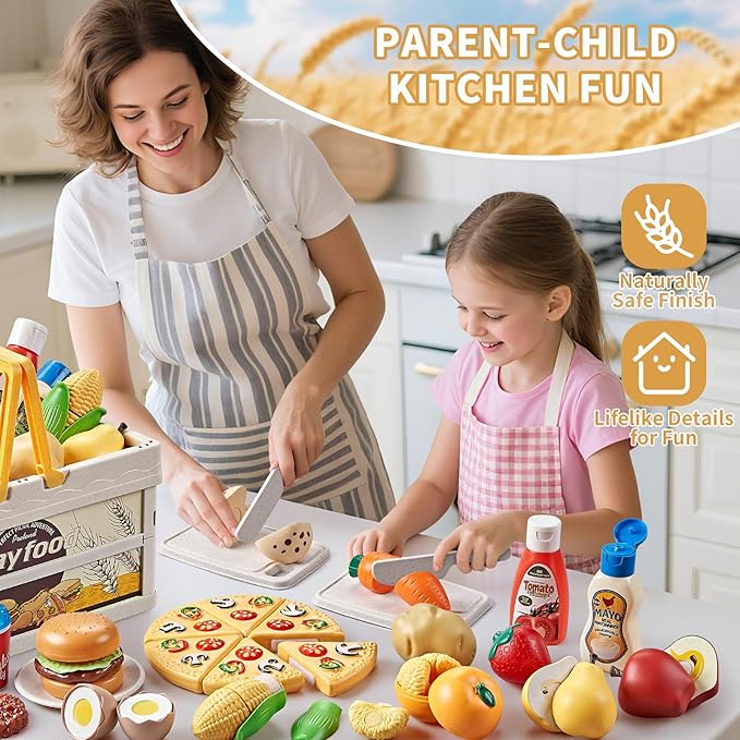 Play Food Sets for Kids Kitchen, Wheat Straw Pretend Food Toys with Kids Picnic Basket and Picnic Blanket, Cutting Toy Food, Fake Food with Pizza Toy, Play Kitchen Accessories, STEM Gift for Boy Girl