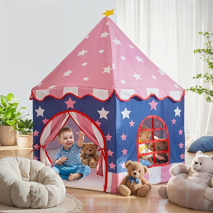 Large Girls Play Tent Princess, Boys Castle Kids Playhouse Indoor Outdoor Toddler Teepee | American Style Design, Age 3-8| Detailed Instructions| Colorful Package| Christmas Birthday Gift Pink