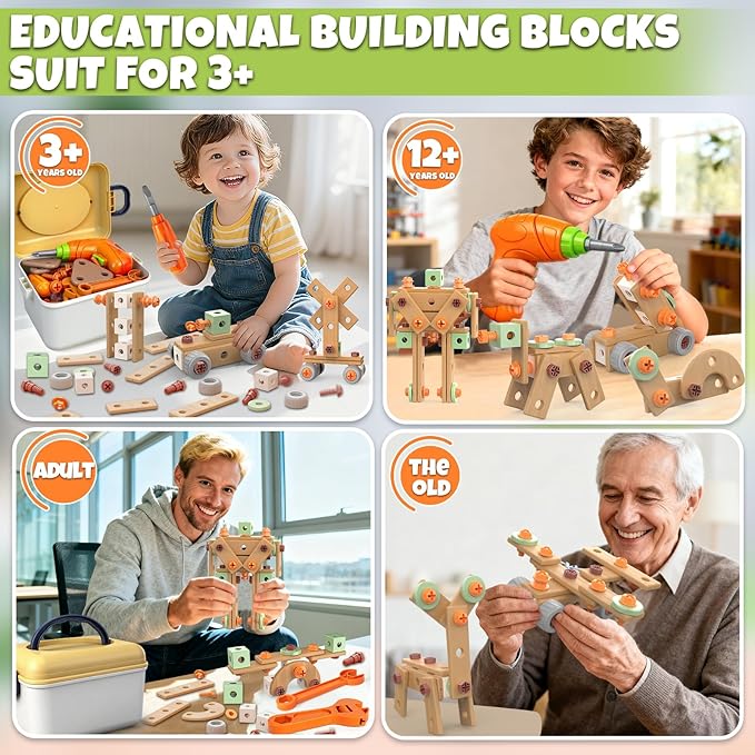 YongnKids 158 Pcs Kids Tool Set with Drill, Construction STEM Building Blocks with Storage Box Educational Tool Kit Pretend Play Kid Toy for Kids Age 3 4 5 6 7 8 Years Birthday Gift