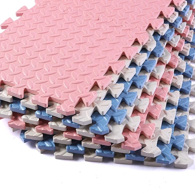 Foam Floor Mats for Kids, 12 x 12 Inch 16 Tiles 0.4" Thickness Foam Play Mat, Non-Toxic Square Interlocking Floor Mats Rubber Baby Play Mat for Toddlers(White/Gray Blue/Lori Pink)