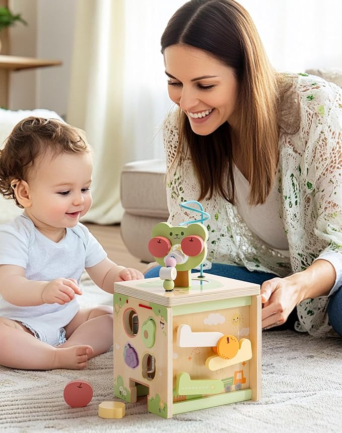 ROBUD Wooden Activity Cube, Baby Activity Cube for 1 Year Old, Montessori Activity Cube with 9 Gams in 1 Toy, Educational Toys of Bear Orchard Busy Cube, JM52