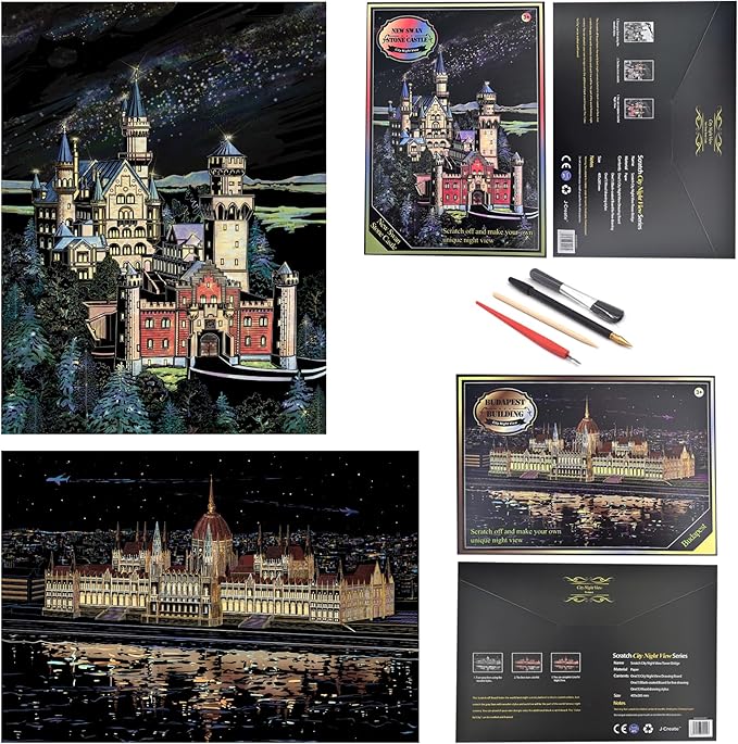Scratch Rainbow Painting Art Paper,Scratch Art Crafts Set for Adults&Kids,Scratch Painting DIY Creative Gift with 4 Tools,16''x11''(Neuschwanstein Castle&Budapest)
