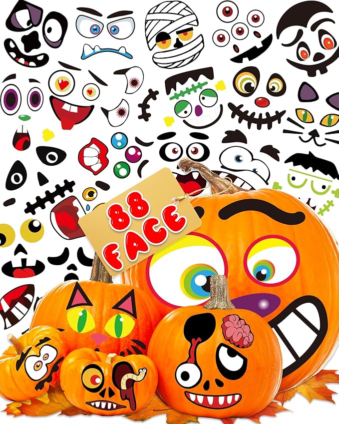 Oomloid Halloween Pumpkin Stickers for Kids, 88 Funny Face Pumpkin Decorating Kit, Halloween Crafts Games Halloween Pumpkin Painting Kit for Halloween Party Decorations