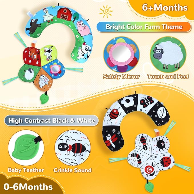 Tummy Time Pillow, High Contrast Tummy Time Mat with Black & White Flash Cards, Double-Sided Tummy Time Cushion with Mirror & Teether Sensory Toys, Baby Toys for Infant Newborn 0-12 Months Babies