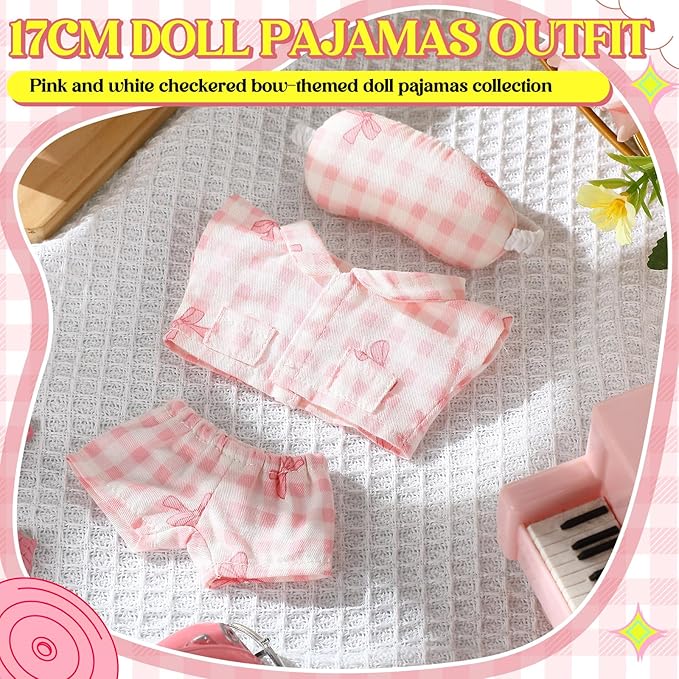 17cm Doll Clothes Pajamas Set with Pants Eye Mask Good Night Bedding Clothes Outfit Gifts Fits Most 17cm Dolls Accessories for DIY Dress up Lovers(Pink Bow)