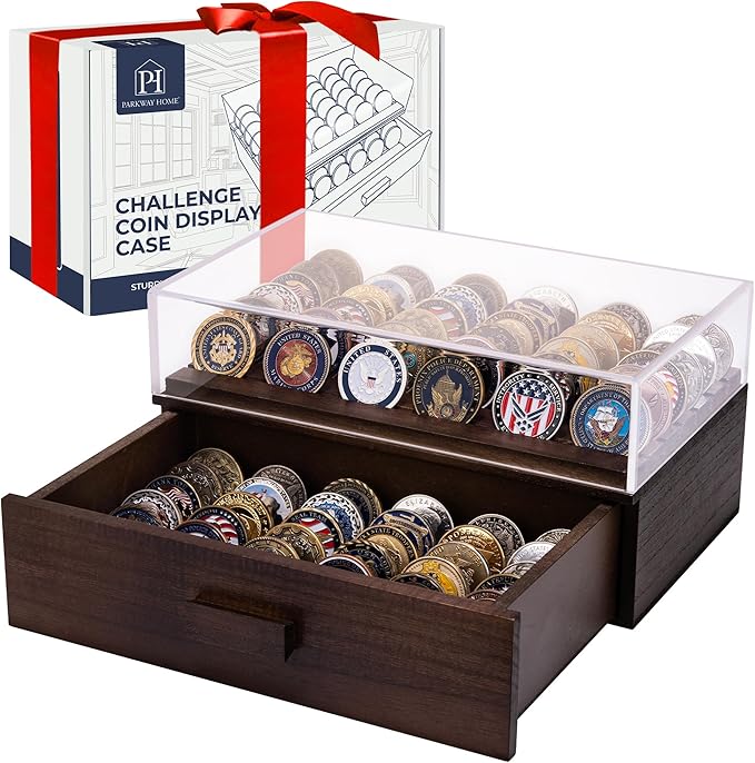 Large Wooden Challenge Coin Display Case with Clear Cover - Military Coin Display Case Holds 36 Coins on Top & 36 in The Storage Drawer - Versatile Coin Stand Holder & Poker Chip Display Case - Brown