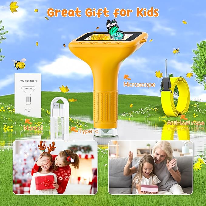 Digital Microscope for Kids, 3" Screen 1000X Handheld Microscope HD Pocket Portable Microscopes Camera, Science Edu Fun Birthday Gifts Toys for Ages 4-12 Children Students Boys Girls -Yellow