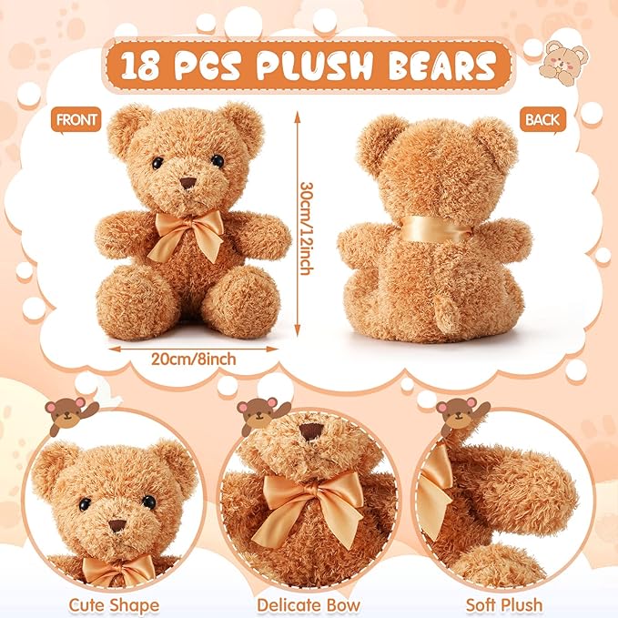 HyDren 18 Pcs Bear Stuffed Animals Bulk 12 Inch Soft Plush Bears Doll with Bows Small Stuffed Toy for Girl Boy Baby Shower Christmas Valentine Birthday Decor Gift Party Favors (Light Brown)