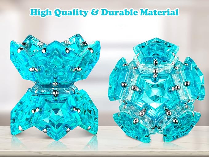 Magnetic Fidget Sphere - Pentagons Magnets Balls - 12 Piece Set - Crystal Bright Blue - Magnet Fidgets Toy - Creativity Beyond Imagination, Inspirational, Recreational, Desk Toys for Adults