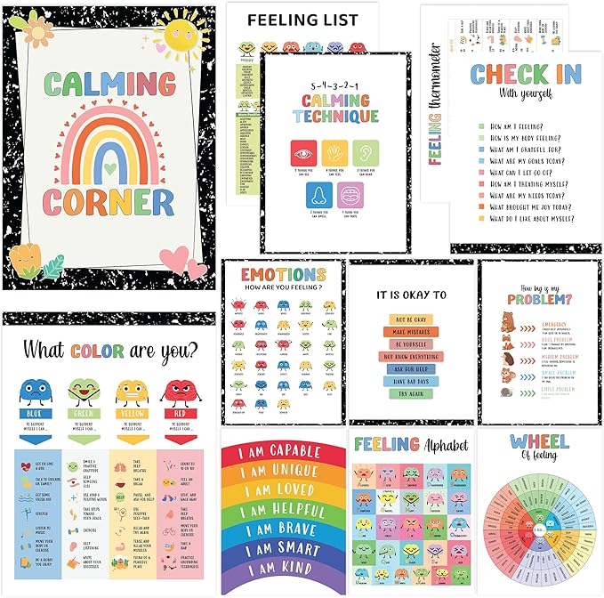 Set 12 Calming Corner Posters for Classroom Must Haves For Teachers, Composition Notebook Classroom Decor, 10x12 Calm Down Corner Supplies, Feelings Chart For Kids Ages 4-8, Feelings Wheel Poster