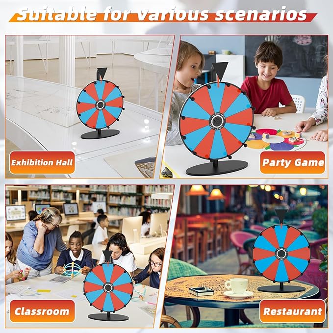 Prize Wheel,12 Inch Spinning Wheel with Stand,12 Slots Color Spinner Wheel with Eraser, Markers, Dry Erase Wheel of Fortune Game for Carnival, Casino & Trade Show (Black, Prize Wheel-12inch)