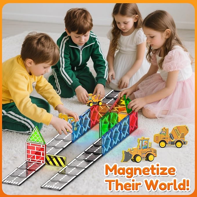 Oriate Magnetic Tiles Engineering Construction Vehicle Road Set,Kids Toys Games with Magnetic Blocks STEM Educational,City Sensory Magnet Tiles,Birthday Gifts for Kids ages 3+ Boys Girls Toys with Car