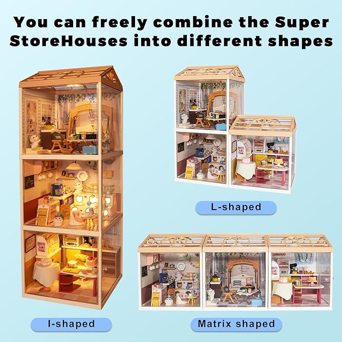 DIY Miniature House Kit Plastic House Building Toy Set with Roof & 2 Doors, Mini Dollhouse Kit with LED for Mini Figures Construction Toys Diorama Kit Gifts for Teens Adults (Happy Garden)