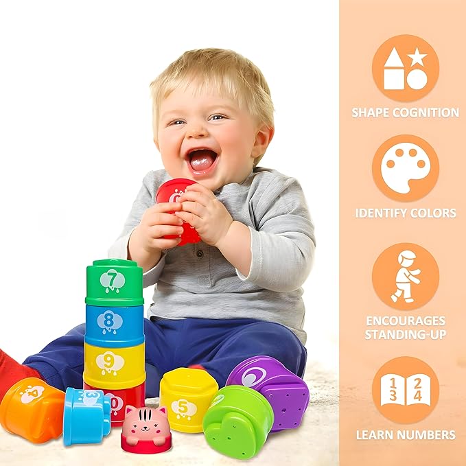 MOONTOY Stacking Cups Baby Toys 6 10 12 18 Months, Montessori Toys for 1 Year Old Toddler Learning Toy with Numbers Shapes Patterns, Baby Bath Toy 6-12 Months, Gifts for 1 2 3 Year Old Boys Girls