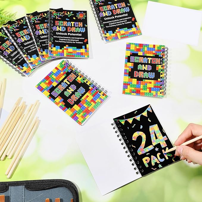 Pasimy 24 Set Scratch Art Party Favor Gifts for Kid Building Block Scratch Notebook Bulk Paper Craft for Girl Boy Classroom Prizes Goodie Bag Stuffer Christmas Birthday Party Favor
