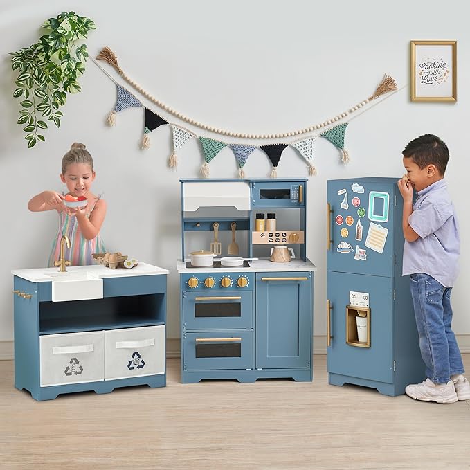 Teamson Kids Little Chef Atlanta Modular Wooden Play Kitchen, 3-Piece Pretend Set with 17 Accessories, Blue/White/Gold, Realistic Features for Toddlers & Kids, Cocina de Juguete Moderna