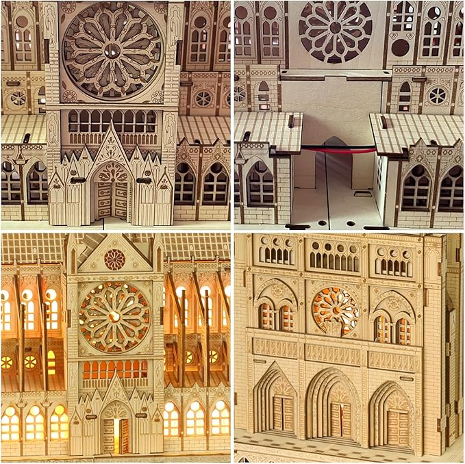 3D Wooden Puzzles for Adults,Notre Dame de Paris Church Model Kit for Adults to Build,Led Light DIY Games Gift on Birthday Christmas,Building Puzzle 266 Pcs
