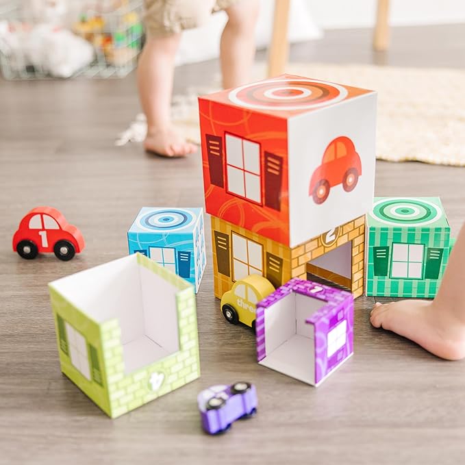 Melissa & Doug Nesting and Sorting Garages and Cars with 7 Graduated Garages and 7 Stackable Wooden Cars - FSC Certified