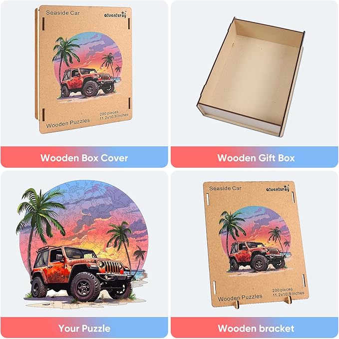 Wooden Puzzles Seaside Car, 200pcs, 12.4x11.4in, Wooden Puzzles for Adults, Unique Shape Animal Adult Puzzles, Irregular Wood Puzzles Best Gift for Adults Family Game