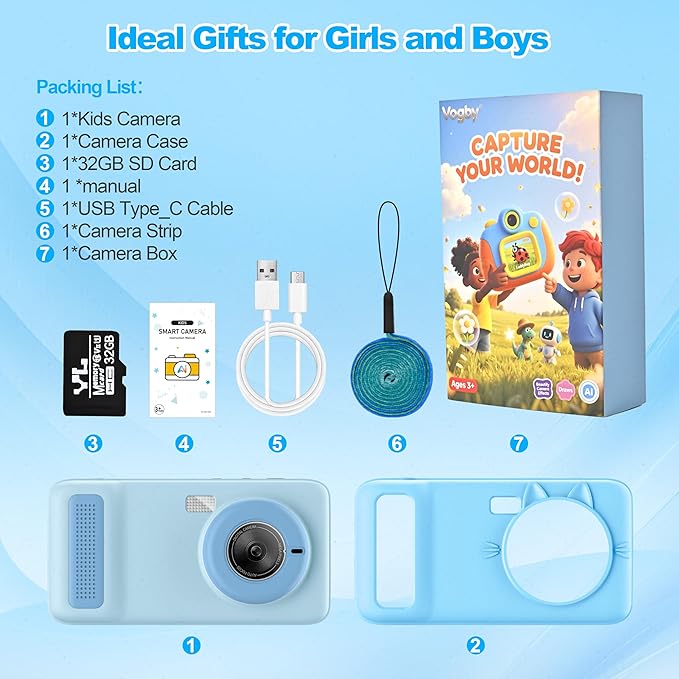 AI Digital Camera for Kids with WiFi for Christmas Birthday Gift for Girls Boys，Touch Screen HD Camera for Home Travel Garden,Kids Toys for 4 5 6 7 8 9 10 11 12 with 32GB SD Card Blue