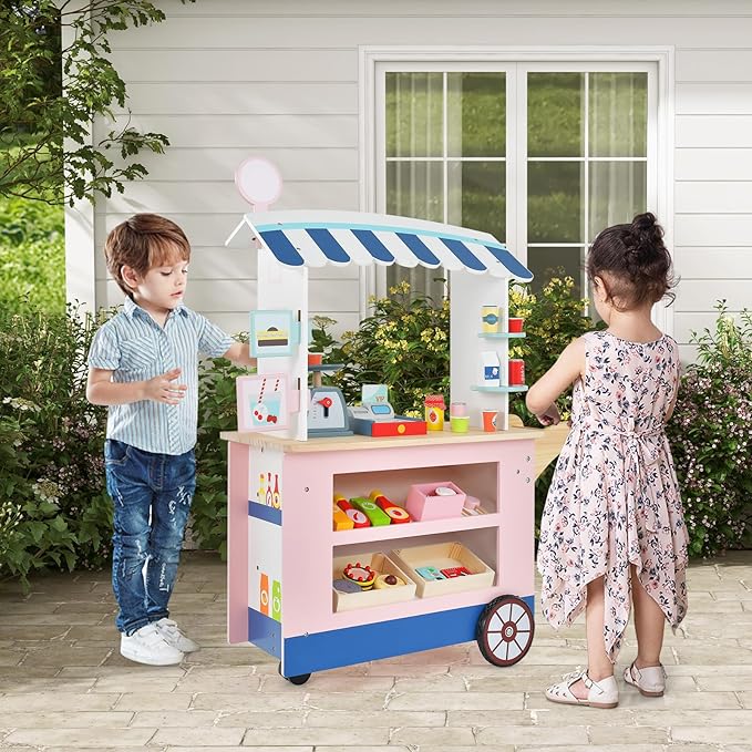 Costzon Kids Grocery Store Playset, Toddler Pretend Market Stand Shop Play Set w/ 30PCS Play Toy, Beverage Rack, Cash Register, Scale, Large Wheels, Wooden Food Cart, Gift for Boys Girls 3+ (Pink)