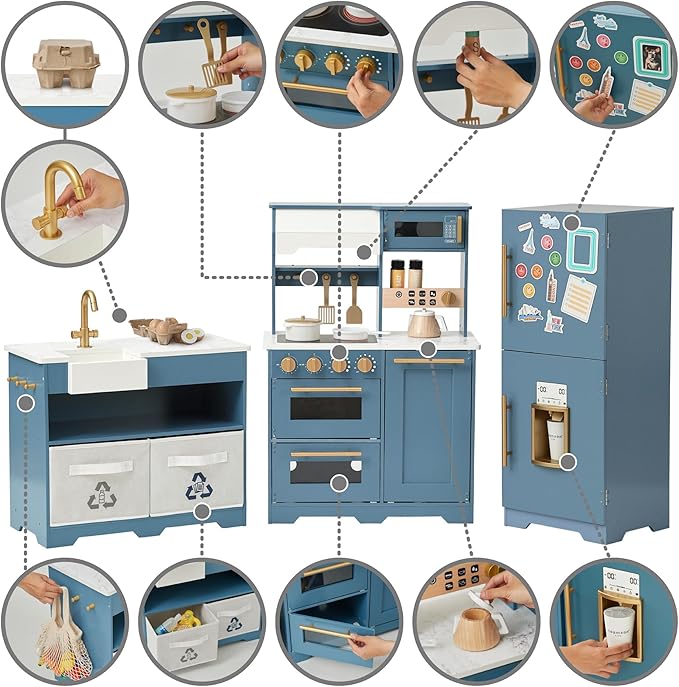 Teamson Kids Little Chef Atlanta Modular Wooden Play Kitchen, 3-Piece Pretend Set with 17 Accessories, Blue/White/Gold, Realistic Features for Toddlers & Kids, Cocina de Juguete Moderna