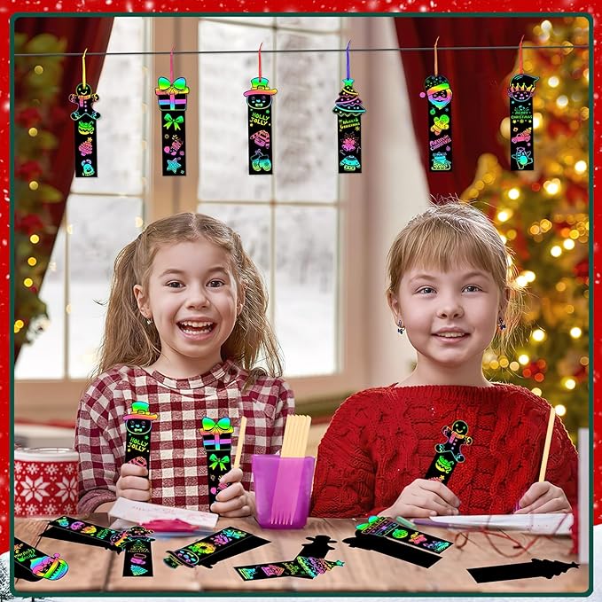 AUGSUN 96Pcs Christmas Scratch Bookmarks, Cute Tree Santa Snowman DIY Crafts Kit Rainbow Magic Scratch Paper Art for Xmas Hanging Ornaments Party Favors