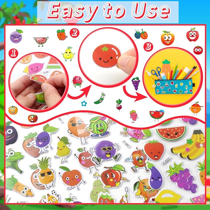 36 Sheets 3D Fruit Stickers for Kids (900+), Bulk Puffy Stickers with Funny Faces for Classroom, Crafts, Party Favors - Apple, Banana, Strawberry
