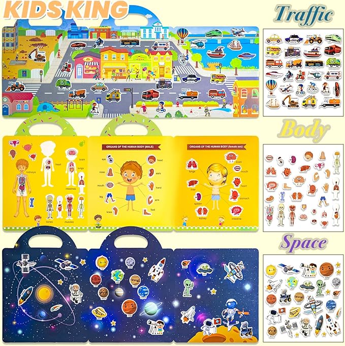 6 Pack Reusable Sticker Books for Kids, Waterproof Puffy Stickers - Toddler Travel Essential Quiet Time Activities Toys - Animal, Marine, Dinosaur, Traffic, Space and Organ (2-6 Age)