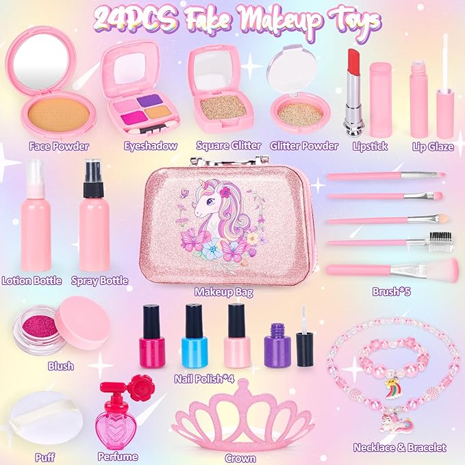 Pretend Makeup for Toddlers, Kids Pretend Makeup Kit for Girls Fake Makeup Toys with Cosmetic Bag, Play Makeup for Little Girls Age 3 4 5 6 7 Christmas Birthday Gifts Toys (Fake Makeup)
