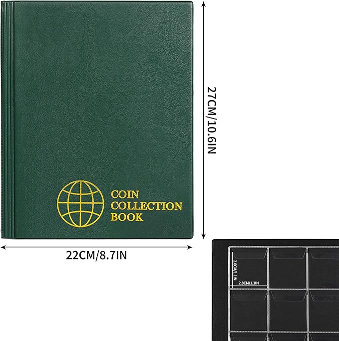 420 Pockets Albums - 28x29 mm/1.1x1.1 Inch Pocket Green Book 10 Pages Collection Holder Letter Size Coin Storage Book CS0242GR