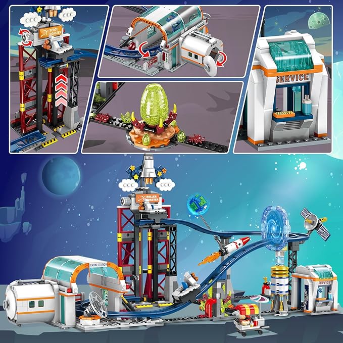 HOGOKIDS Space Roller Coaster Building Toy - 926PCS Coaster Building Set Features Lift Platform, Satellites, Rocket Buildable Space Rollercoaster Adventure Park for Adults Kids Girl Boy Ages 8+
