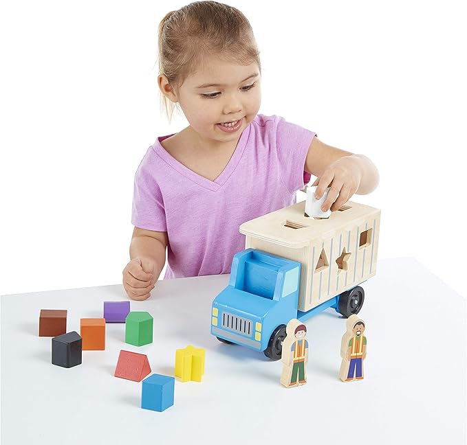 Melissa & Doug Shape-Sorting Wooden Dump Truck Toy with 9 Colorful Shapes and 2 Play Figures Wooden Vehicle Toys, Shape Sorter Toys for Toddlers Ages 2+