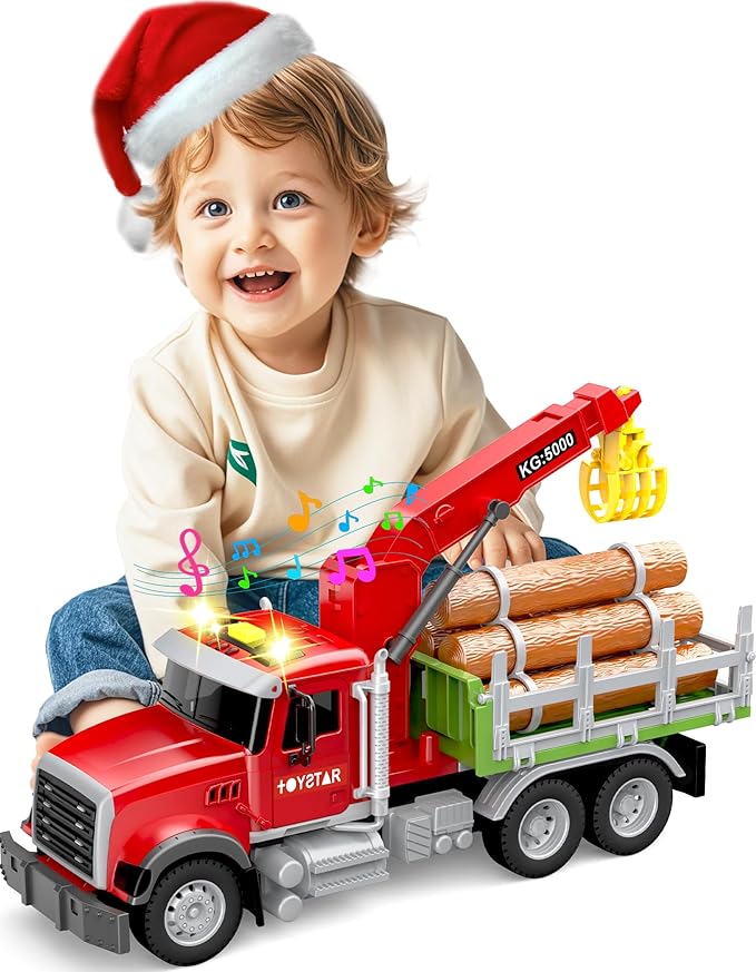 Kids Toys for 3 4 5 6 7 Years Old Boys, 15" Large Farm Truck with Loading Crane and 6 Trunks Friction Powered Truck Vehicle Toy for Toddler, Birthday Gifts for Boy Toddler Child